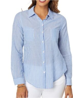 Lilly Pulitzer Sea View Button Down Striped Shirt White Blue Lightweight Cotton